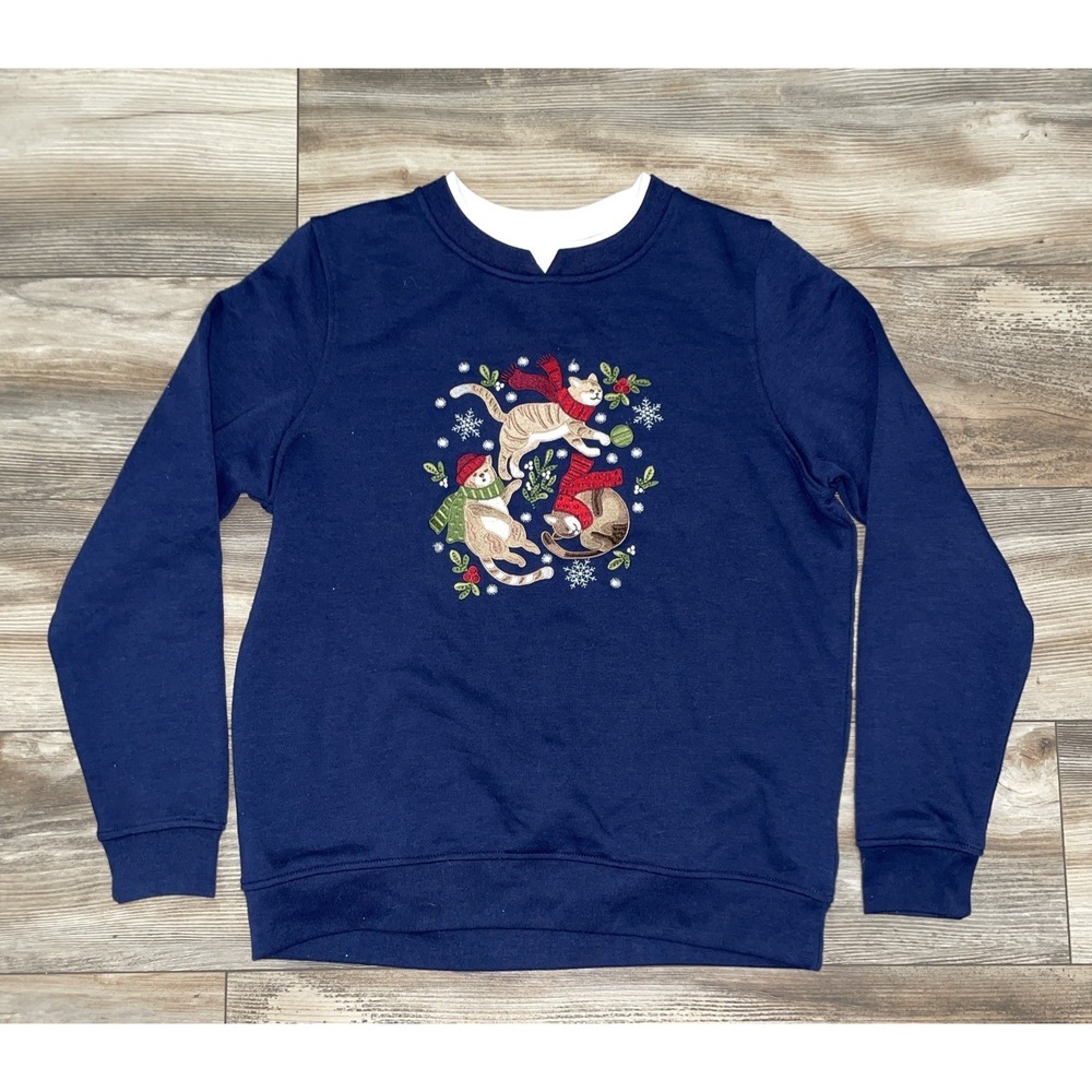 Vtg‎ Winter Cat Lady Women's Applique Pullover Sweatshirt Grandmacore Cat Lady S